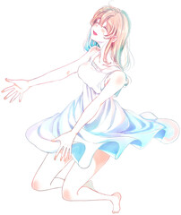 両手を広げる笑顔の女性　全身