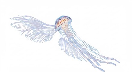 光を優しく受け止め半透明に輝く繊細な体が水中でたゆたう幻想的なクラゲの姿を捉えた一枚静寂な美しさが際立つアートワーク. AI Generated