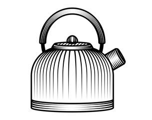 Stovetop whistling tea kettle illustration in vintage woodcut style black and white retro kitchen appliance for boiling water preparation of hot beverages old fashioned