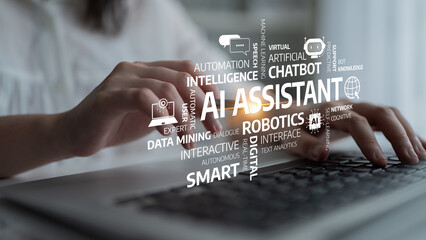 Close-up view of hands on a keyboard with an overlay of AI assistant concepts. The image showcases modern technology themes like automation and intelligence, ideal for tech-related projects. Tessel