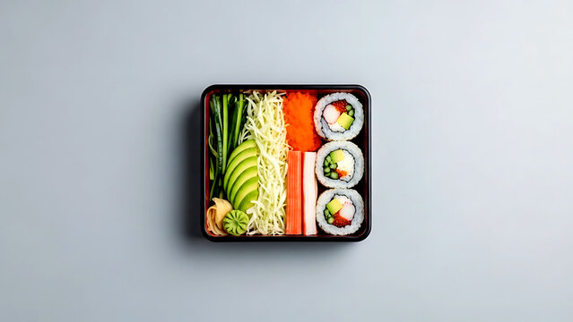 Minimalist flat lay, a California sushi roll bowl with seasoned sushi rice, shredded cabbage, avocado, crab stick, and tobiko, neatly arranged in a black lacquer bento box 