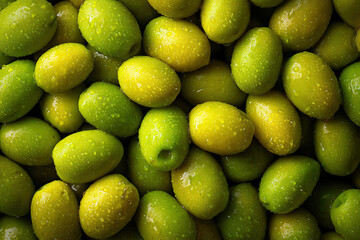 Fresh Green Olives With Water Drops Top View