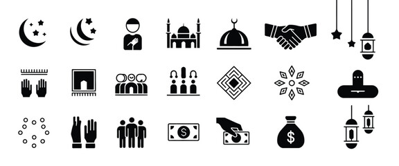 set of Ramadan kareem icons vector, featuring Islamic symbols, crescent moon, stars, lanterns, and mosque elements, perfect for greeting cards, banners, social media posts, and festive designs. © CREATIVE MUNNA