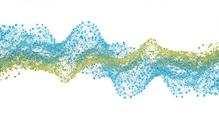 鮮やかな青と黄緑の粒子が滑らかに繋がるデジタルウェーブ 未来的なデータ流動を美しく表現. AI Generated