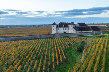 Chateau du Clos de Vougeot surrounded by autumn vineyards