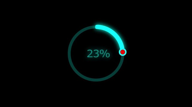 A dynamic cyan color line loading animation, and loading to completed 1 to 23% animation. on a black background. and creating a stunning 4k video.