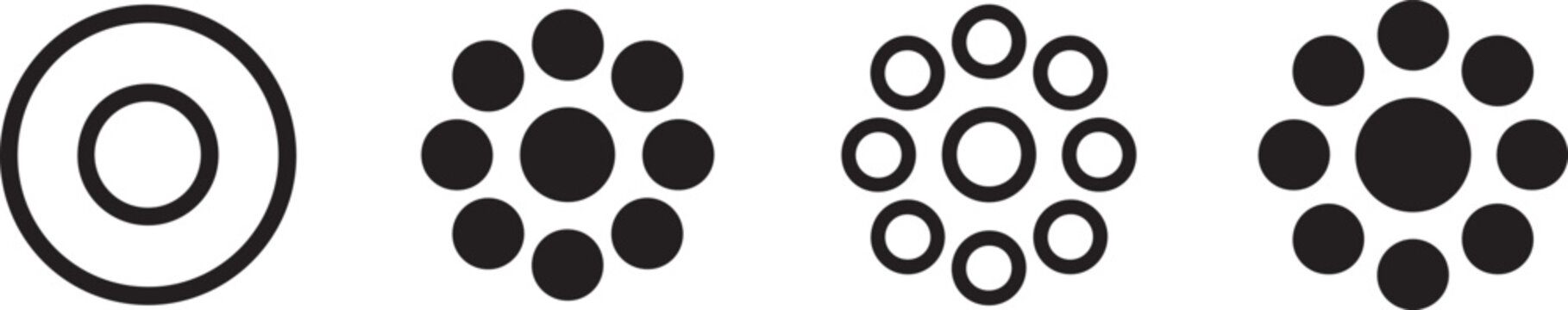 Minimalist black and white concentric circle and dot flower patterns offer versatile graphic design elements for abstract projects