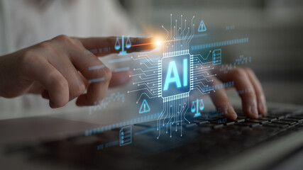 AI circuit microchip with glowing blue lines, surrounded by legal scales, warning symbols, data sheets, and binary codes, representing ethical AI, AI governance, and data integrity Latch