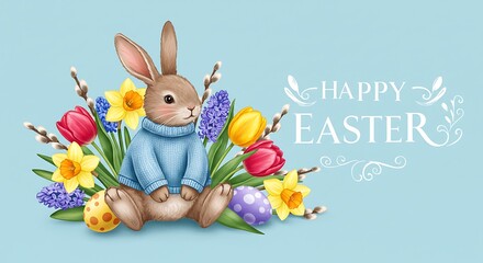Adorable illustration featuring an Easter bunny, surrounded by colorful flowers and eggs