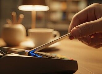 Close up of a hand inserting a credit card into a payment terminal with a cup of coffee and a lamp in the soft focus background