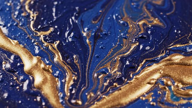 Dramatic high-contrast composition showing deep sapphire and indigo paint blending and separating with thick metallic gold lines creating an ornate and sophisticated texture ink, fluid, paint