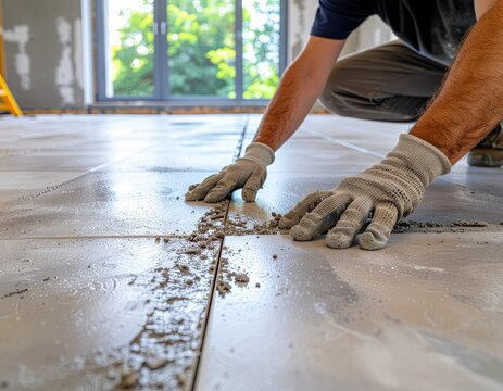 Construction Worker In Gloves Applying Grout To Floor Tiles In A Newly Renovated Room With Natural Light