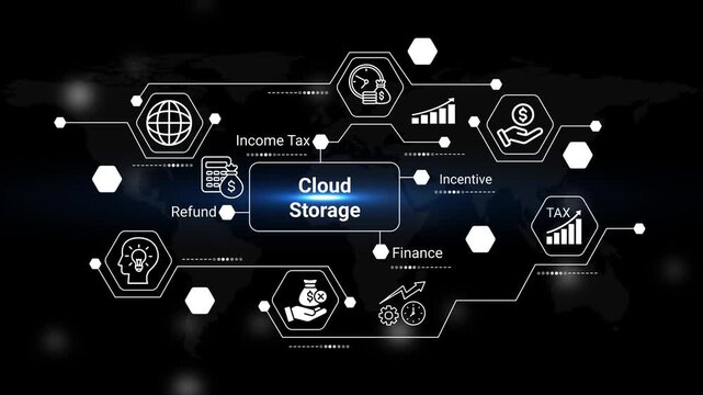this image depicts a futuristic network visualizing financial concepts like income tax cloud storage finance and tax refunds demonstrating global connectivity high quality professional detailed modern