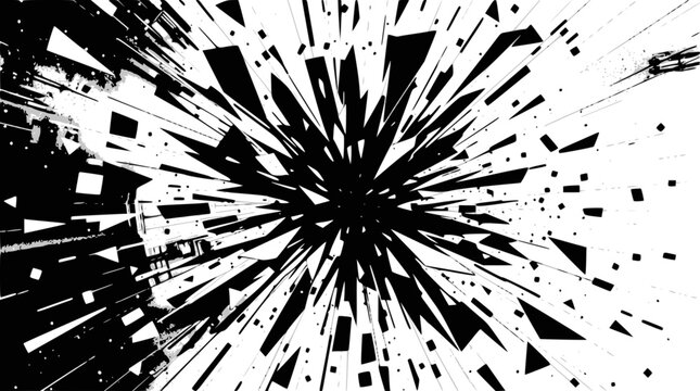 A dynamic abstract explosion of sharp black geometric shards and dots radiating outwards on a white background.