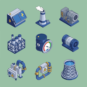 Nine isometric illustrations show energy and industrial elements such as solar panels, smokestacks, generators, and cooling towers.