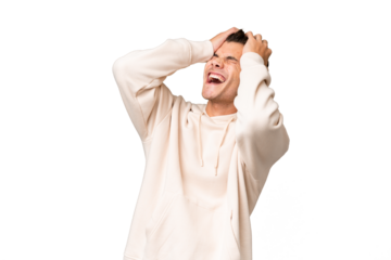 Young caucasian handsome man over isolated background stressed overwhelmed