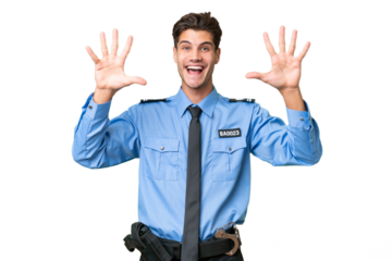 Young police man over isolated background counting ten with fingers
