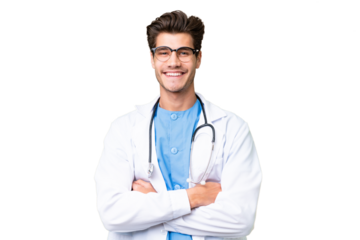 Young doctor man over isolated background keeping the arms crossed in frontal position