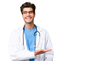 Young doctor man over isolated background presenting an idea while looking smiling towards