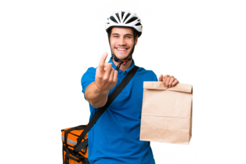 Young caucasian man taking a bag of takeaway food over isolated background doing coming gesture