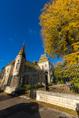 Grand building with Burgundian tiled roof and autumn tree in Aloxe Corton