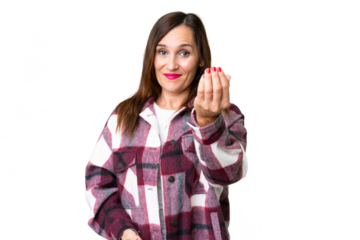 Middle age woman over isolated chroma key background inviting to come with hand. Happy that you came