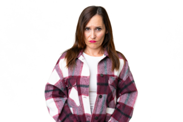 Middle age woman over isolated chroma key background with sad expression