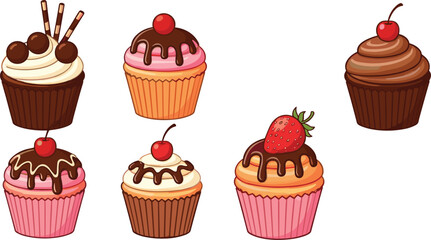 Cute cupcake illustration set featuring chocolate frosting, cherries, strawberries, drizzles, and decorative toppings, perfect for bakery, dessert, celebration, and sweet treat vector design projects.