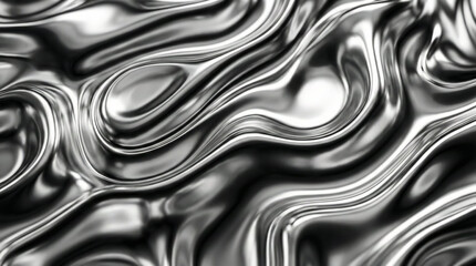 Abstract liquid metal composition featuring smooth, flowing chrome surfaces with high-gloss reflections and organic wave-like forms