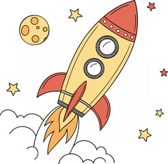 A cartoon illustration of a rocket ship launching against a soft, light-grey circular backdrop. The rocket is primarily yellow with a red fin and nose cone. It features two circular windows and a red 