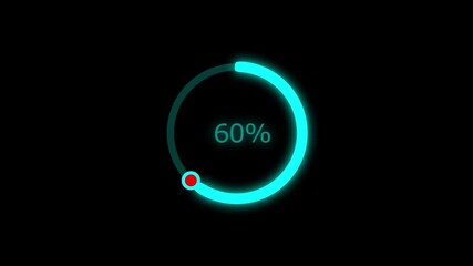 A dynamic cyan color line loading animation, and loading to completed 1 to 60% animation. on a black background. and creating a stunning 4k video.