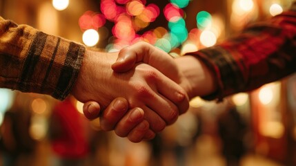 Two individuals firmly grasp hands in a warm greeting amidst vibrant, out-of-focus festive illumination.