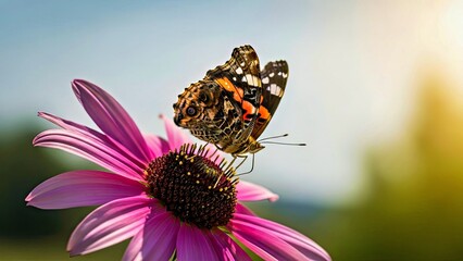 Painted Lady Butterfly on Pink Echinacea Flower Close-up Sunlight