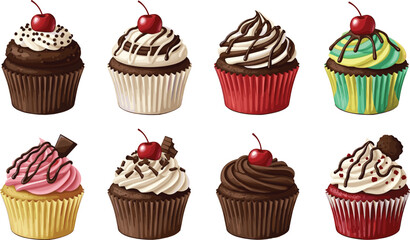 Delicious cupcake illustration set featuring chocolate, vanilla, and colorful frosting with cherries, sprinkles, drizzles, and toppings perfect for bakery, dessert, and sweet treat vector designs.