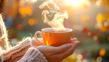 Cozy hands holding steaming orange cup in warm autumn sunlight. Hot drink in a mug with beautiful bokeh background.