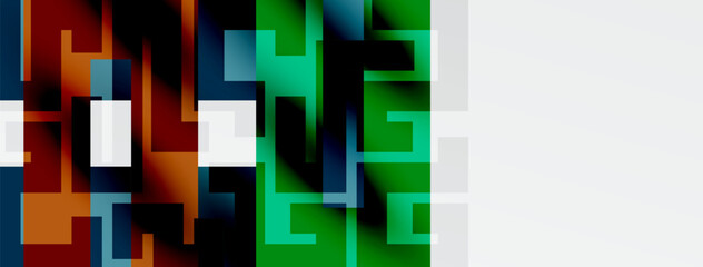 Abstract geometric shapes, vibrant colors, modern design. Blocks intersect, creating dynamic visual texture. Minimalist aesthetic.