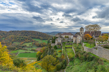 Chateau Chalon village perched on cliff overlooking Jura vineyards