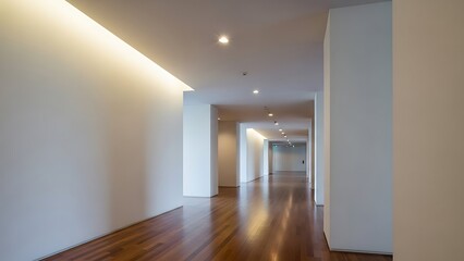 Fototapeta premium Long modern hallway with polished wooden floor and contemporary lighting in a minimalist building interior.