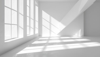 Obraz premium Sunlit minimalist white room with large windows, dramatic light and shadow patterns, emphasizing clean architecture, modern design, and spacious interior