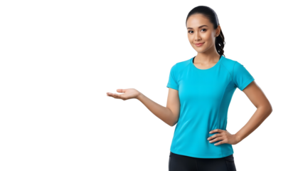 Confident and fit young woman in sportswear smiling while gesturing with an open hand, inviting interaction or presenting an invisible item, against a clean white backdrop
