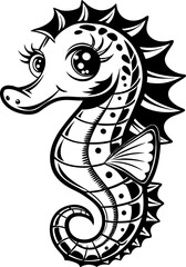 A cartoon seahorse is depicted in a black and white line art style against a clean white background. The seahorse is positioned in the center, facing towards the upper-left, with its head in a slight 