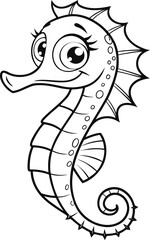 A cartoon seahorse is depicted in a black and white line art style against a clean white background. The seahorse is positioned in the center, facing towards the upper-left, with its head in a slight 