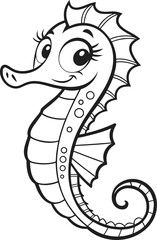A cartoon seahorse is depicted in a black and white line art style against a clean white background. The seahorse is positioned in the center, facing towards the upper-left, with its head in a slight 