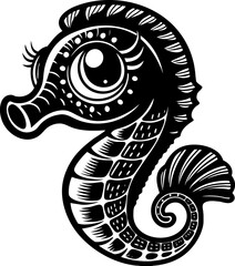 A cartoon seahorse is depicted in a black and white line art style against a clean white background. The seahorse is positioned in the center, facing towards the upper-left, with its head in a slight 