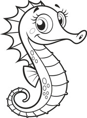 A cartoon seahorse is depicted in a black and white line art style against a clean white background. The seahorse is positioned in the center, facing towards the upper-left, with its head in a slight 