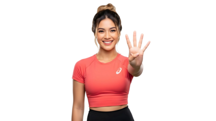 Smiling athletic woman confidently showing four fingers, symbolizing options, progress, or numerical achievements in a healthy and active lifestyle