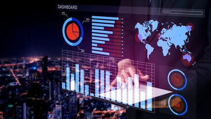 A futuristic data dashboard showcasing various analytics including charts, graphs, and a world map, perfect for business presentations and technology insights. Impute