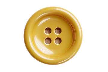 Yellow four-hole button on brown fabric, isolated against black