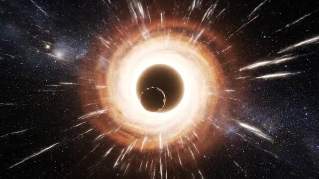 Cosmic vortex pulling in a celestial body against a backdrop of stars and nebulae, an artist's depiction of a black hole's gravitational pull