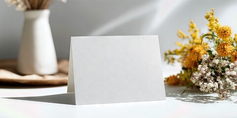 Blank Card and Floral Arrangement: A minimalist composition showcasing a pristine blank card, accompanied by an elegant vase of dried flowers and an arrangement of yellow blooms.